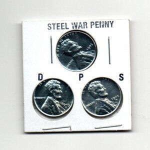 Lot of 3 1943 P,D,S Steel WWII Wheat Pennies... Uncirculated... In Sleeve